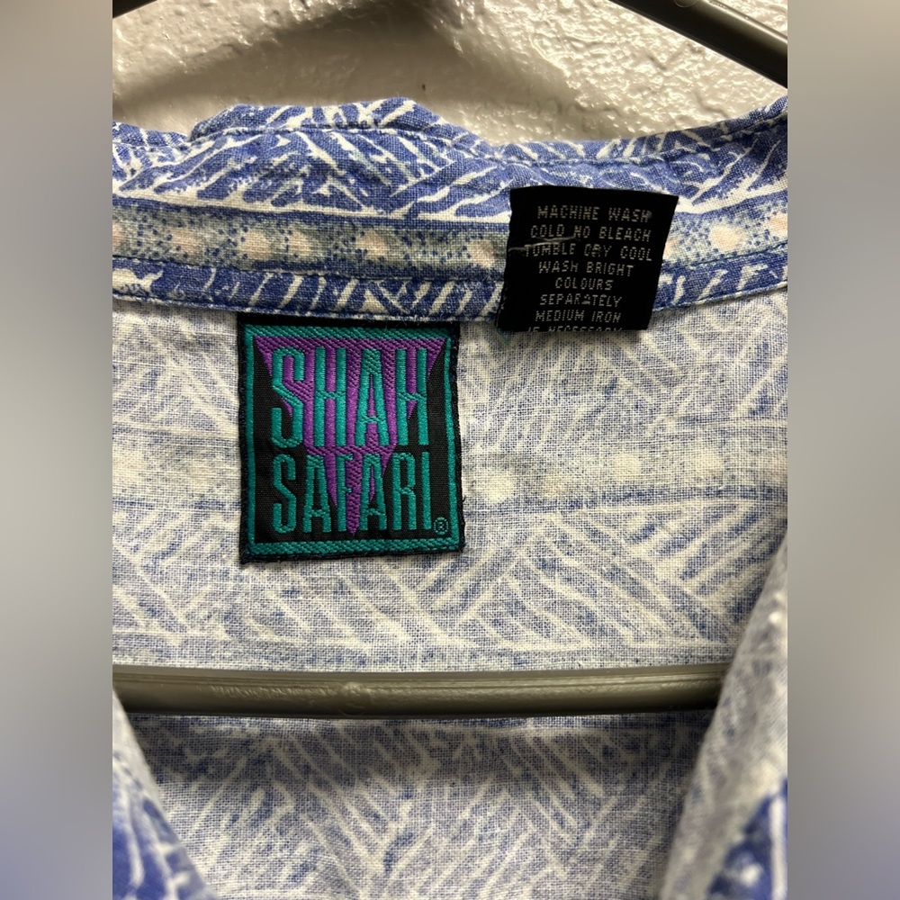 Vintage 90s Shah Safari Shirt Blue & White Abstract Crosshatch Pattern Sz Large - Picture 4 of 4